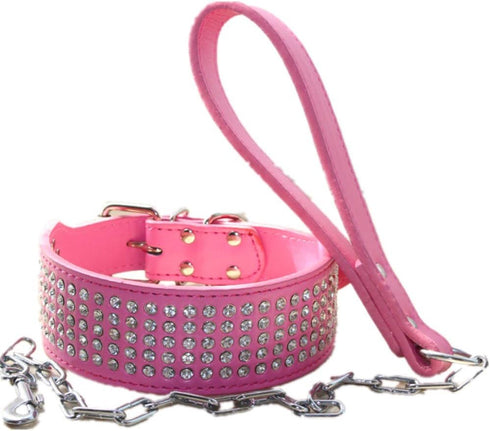 Heavy Duty 2 inches Wide Leather Rhinestone Crystal Diamante Jeweled Dog Collar Chain Leash Set for Pitbull, Bulldog,