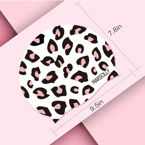 Swim Cap for Women - Silicone Swimming Cap for Long Hair with Leopard Print