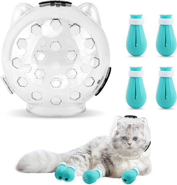 Axrivonte Breathable Cat Muzzle with Anti-Scratch Silicone Boots, Adjustable Transparent Helmet & Grip