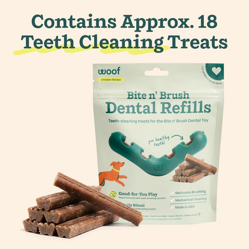 18 WOOF - Bite n' Brush Refills Treats for the Dog Toothbrush Toy - Scrub Plaque and Tartar from Your Dog's Teeth