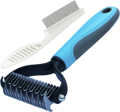Double Sided Undercoat Rake Comb - Pet Grooming Tool for Dog and Cat Shedding, Dematting, Flea Comb Set (Blue/16 tooth)