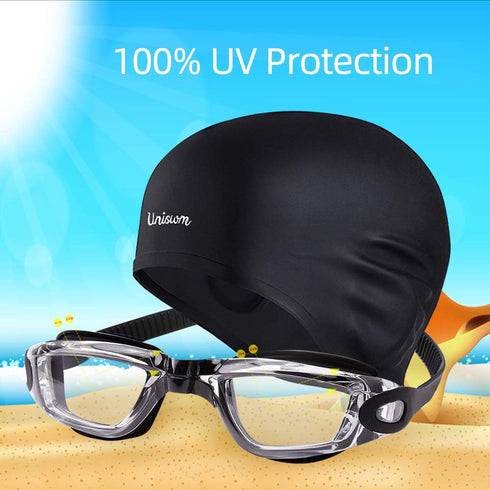 Swimming Goggles and Cap Set, Silicone Swim Hat Pack for Adults with Anti-Fog Glasses