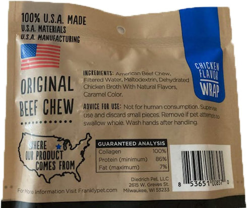 Frankly Chicken Flavor Beef Roll Wrap Chews,Pack of 5,Small Rolls,5 inches Long 100percent U.S.A Made American Beef Chew