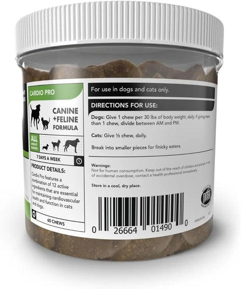 VetriScience Cardio Pro, 60 Chews - Heart Health Support for Dogs & Cats, Blood Flow & Energy Support Formula
