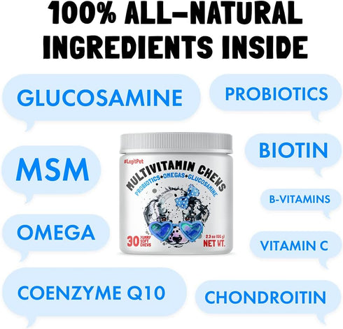 Dog Vitamins - 30 Multivitamin Chews with Glucosamine, Chondroitin, Probiotics, and Omegas for Overall Health Support