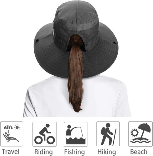 IYEBRAO 2 Pack Women's Ponytail Sun Hat, UV Protection Foldable Wide Brim Beach Cap