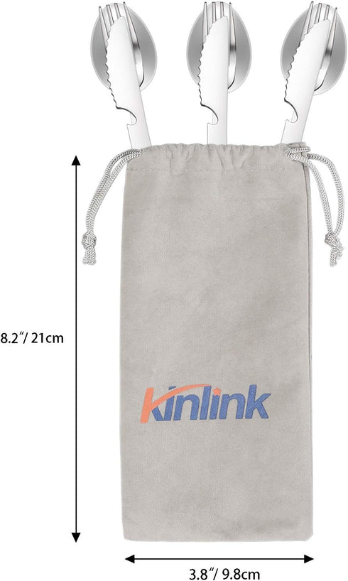 KINLINK 4-in-1 Camping Utensils 3-Pack, Portable Stainless Steel Spoon, Fork, Knife & Bottle Opener Combo Set