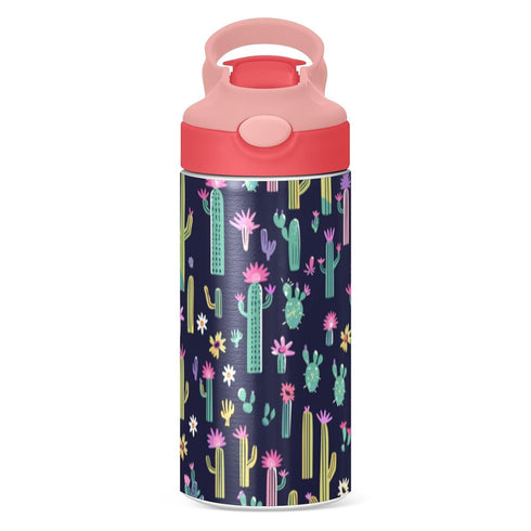 Wfrish 12 oz Cactus Flower Kids Water Bottle with Straw Lid Insulated Stainless Steel Travel Tumbler BPA-Free Pink