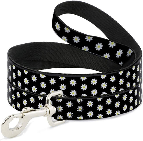 Buckle-Down Dog Leash, Daisies Scattered in Black White Yellow, 6 Feet Long, 0.5 Inch Wide
