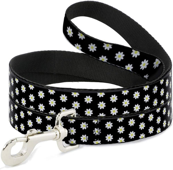 Buckle-Down Dog Leash, Daisies Scattered in Black White Yellow, 6 Feet Long, 0.5 Inch Wide