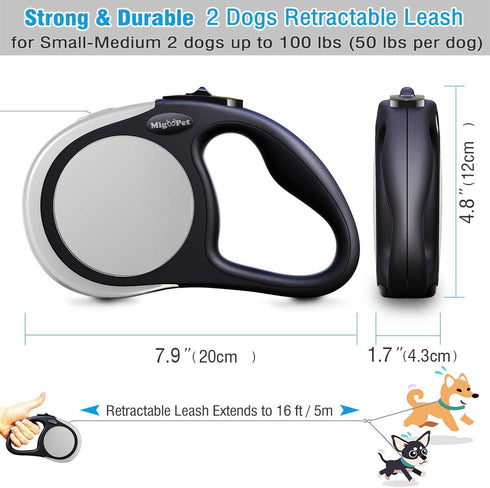 Double Retractable Dog Leash for Two Dogs Up to 50 lbs Per Dog - 16 ft Coupler Dog Leashes for Small Medium Dogs - One
