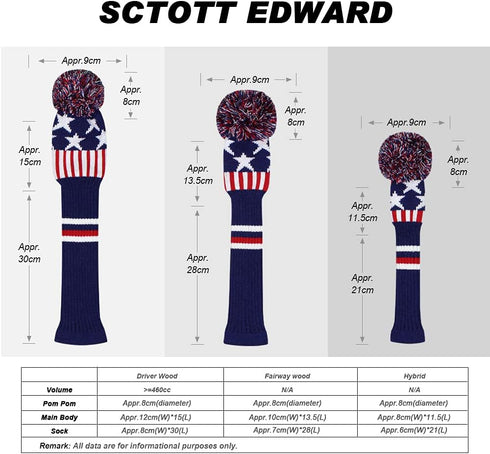 Scott Edward Knit Golf Club Cover Set of 5 for Woods and Driver, Protect Driver Wood(460cc)*1, Fairway Wood*2,