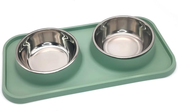 BNOSDM Double Dog Food Bowls with Non-Spill Plastic Mat, Pet Feeder Bowl Set for Small Medium Dogs