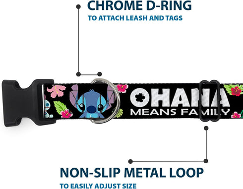 Buckle-Down Plastic Clip Collar - OHANA MEANS FAMILY/Stitch & Scrump Poses/Tropical Flora, Small, 9-15" Neck