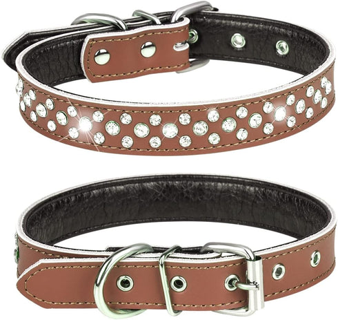 Rhinestones Dog Collar, Adjustable Sparkly Crystal Studded Genuine Leather for Small Medium Breeds, L fit Neck 14.5-18"