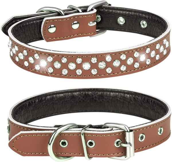 Rhinestones Dog Collar, Adjustable Sparkly Crystal Studded Genuine Leather for Small and Medium Dogs (S, Brown)