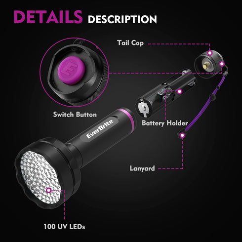 EverBrite UV Flashlight, 100 LED Blacklight Flashlight, 395nm for Pet Urine Detection, Batteries Included