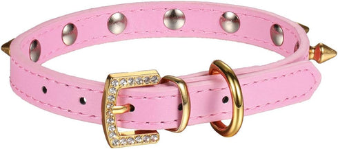 LOVPE One Row Golden Spiked Studded Leather Dog Collar - Cat Collar with Golden Rhinestone Buckle for Small Pets (Pink,