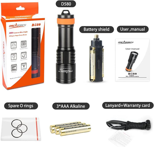 ORCATORCH D580 Scuba Dive Light, 530 Lumens Underwater Flashlight, IP68 Waterproof, 3 AAA Batteries