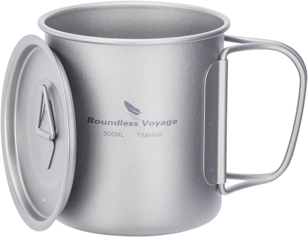 iBasingo 300ml Titanium Mug with Lid, Ultra-light Portable Camping Pot for Hiking & Picnic