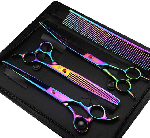 Purple Dragon 8.0" Titanium Multicolor Professional Pet Grooming Scissors Set - Straight, Thinning & Curved Scissors