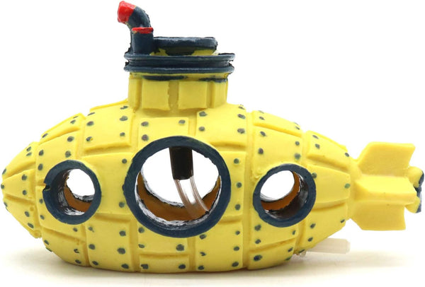 Yellow Submarine Style Bubble Maker Decoration for Fish Tank, Hiding Cave with Air Stone