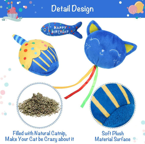 BINGPET Cat Birthday Catnip Toys, Cat Birthday Hat, Bandana and Cake Interactive Plush Kitten Chew Toys