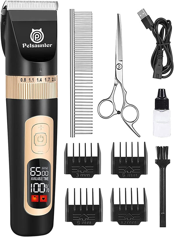 Dog Grooming Clippers Kit, Low Noise Electric Trimmer, 4-Speed & LCD, Cordless Rechargeable Hair Clippers for Thick