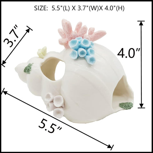 Aquarium Decorations White Ceramic Conch Thematic Ornament with Three Holes for Betta Fish Passing or Hiding Safely,Betta Fish Tank for Small and Medium Fish