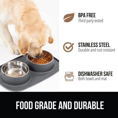 Gorilla Grip Waterproof Cat and Dog Bowls Set, Silicone Feeding Mat, Stainless Steel Bowl, 2 Cup, Gray