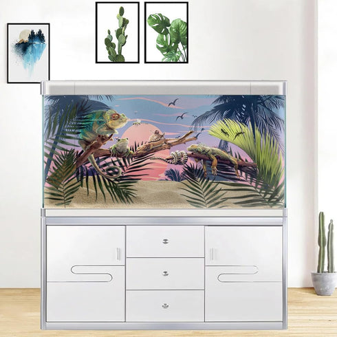 Watercolor Graffiti Hawaiian Beach Palm Tree Aquarium Background, 72X24IN, Anime Themed Crawling Terrarium Background