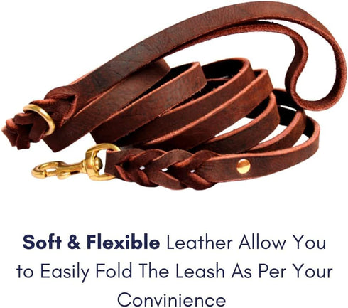 Braided Leather Dog Leash 10 Foot - Full Grain Heavy Duty for Large Medium Small Dogs, 10 Ft Soft Leather Lead