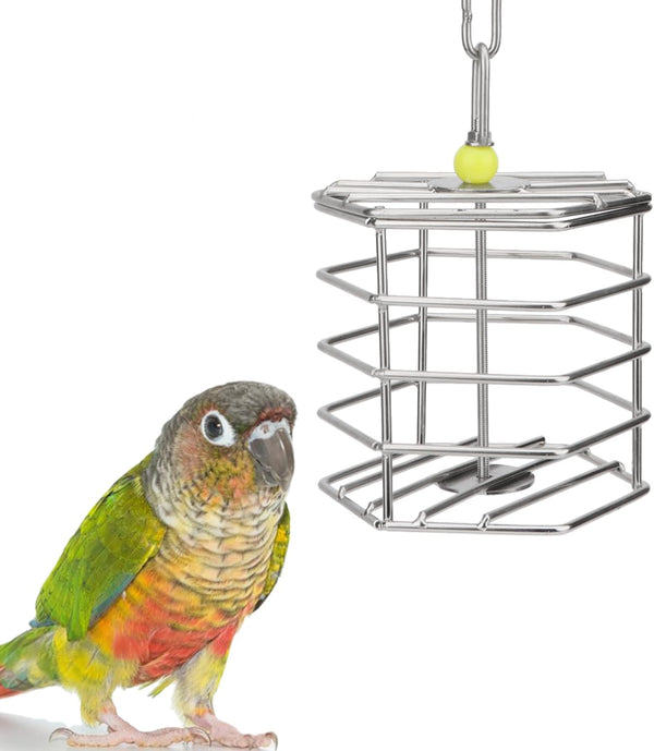 Hypeety Parrot Foraging Feeder, Stainless Steel, 4.09 x 4.09 x 3.85 in, Bird-safe, Dishwasher Safe, Filled with Nuts,