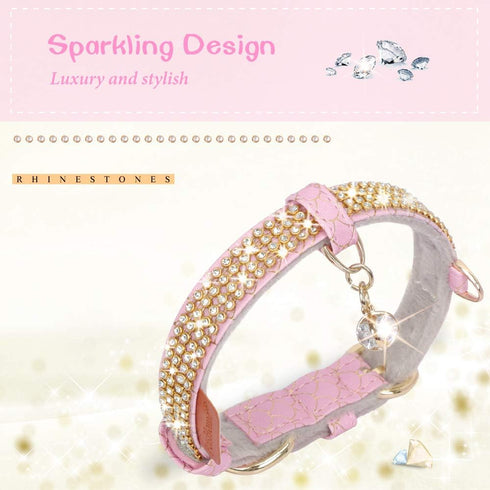 PetsHome Premium PU Leather Cat Collar, Dog Collar with Bling Rhinestones, Adjustable for Extra Small Pink Cat and