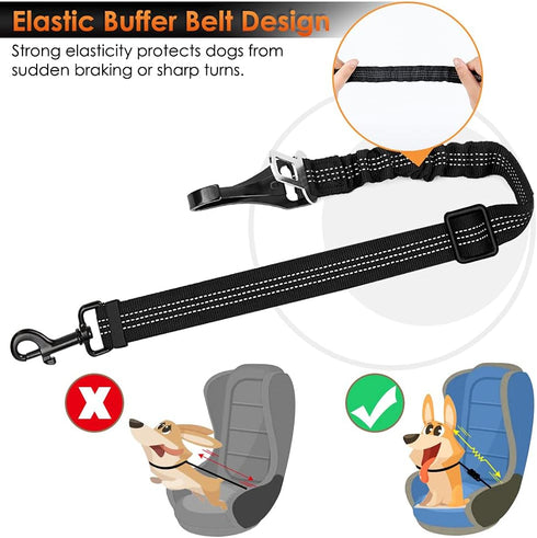 SlowTon Adjustable Dog Seat Belt, 2 in 1 Latch Bar Attachment Dog Car Seatbelt with Elastic Nylon Bungee Buffer (Black)