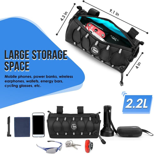 WOTOW Waterproof Bike Handlebar Bag with Large Reflective Area & Strips, Front Pouch with Waterproof Zipper