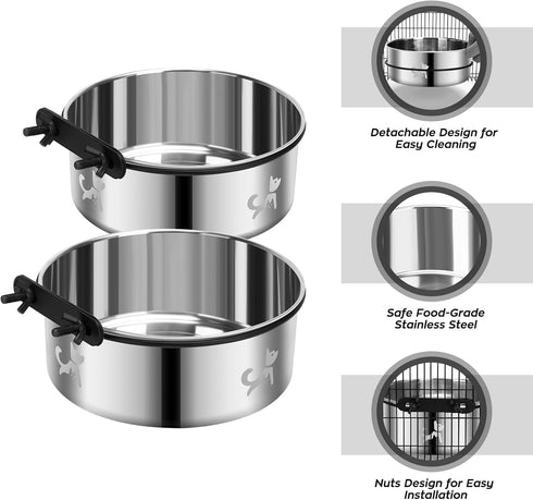 Dog Kennel Bowls for Crates, Dog Crate Water Bowls No Spill, 2 Pack Hanging Kennel Food Water Bowl Mountable Cage Accessories, Stainless Steel Pet Dish Feeder Coop Cup for Cat Puppy Bunny Bird Ferret