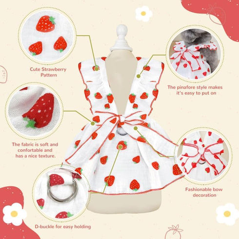Dog Dresses for Small Dogs Girl | Cute Cotton Strawberry Printed Birthday Outfit for Small Puppies, White XS
