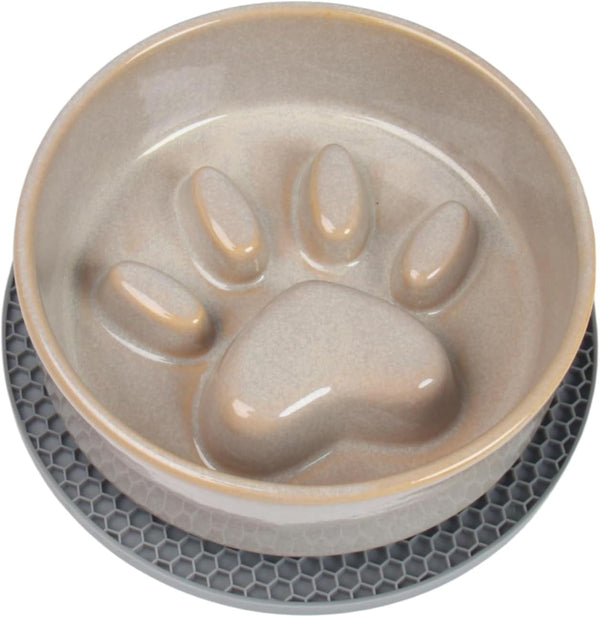 Slow Feeder Dog Bowls, Ceramic Bowl for Cats and Dogs, Non-Slip Silicone Mat, 6.2 inches Grey Pet Bowl