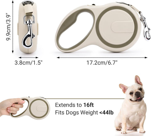 Segarty Retractable Leash Small Dog, 16ft Heavy Duty Walking Dog Leash for Medium Pet up to 44lb, Anti-slip Handle 360°Tangle-free Nylon Tape, One-handed One Button Lock and Release (Khaki)