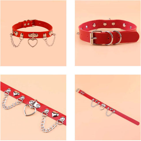 Red Leather Choker Collar with Chain Leash Set, Adjustable Soft PU Heart Pendant Necklace for Women & Pet Dogs