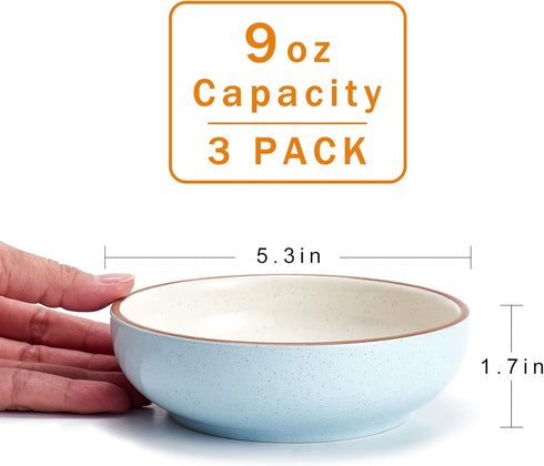 5.3 in Ceramic Cat Dishes - Shallow Small Pet Bowls for Food and Water, 3 Pack Ceramic Cat Bowls, Blue