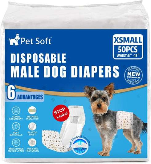 50pcs Pet Soft Dog Diapers Male - Disposable Male Dog Wraps Wetness Indicator, Ultra Absorbent Doggie Diapers