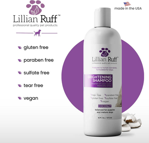 B5 16oz+Brush Lillian Ruff PRO Formula Ultra Brightening Dog Shampoo - Professional Whitening & Long-Lasting Odor