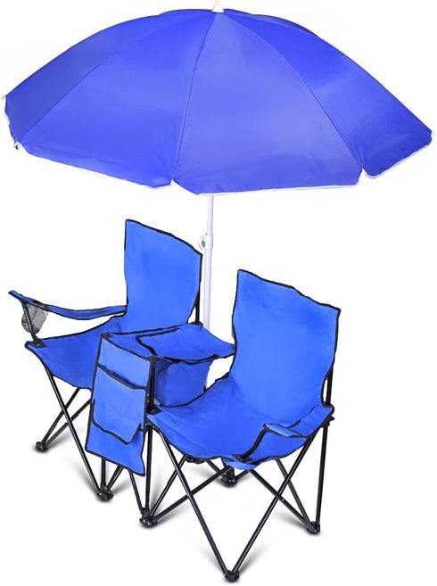 2 Flexzion Double Folding Beach Chair with Umbrella Table Cooler and Bag, Portable Compact Folding Chair, Person