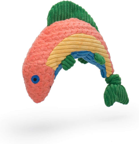HuggleHounds Plush Corduroy Durable Squeaky Knottie Dog Toy (Small, Rainbow Trout)