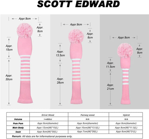 Scott Edward Golf Headcover Set of 5 PCS, Driver Wood Cover *1, Fairway Wood Cover *2, Hybrid Cover *2 with Rotating