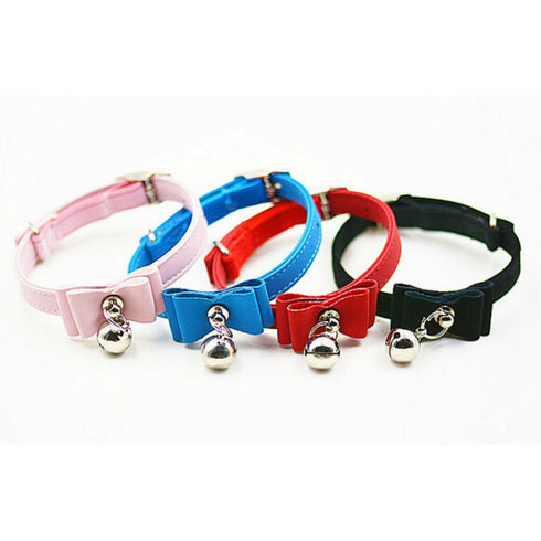 AKOAK Pet Dog Bowknot Lead Adjustable PU Leather Cat Kitten Collars with Bell Necklace Pup Dog Collars Bow Tie(Blue)