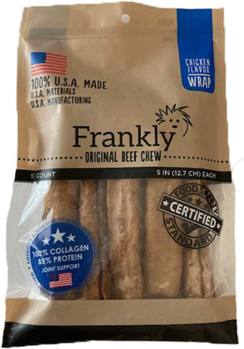 Frankly Chicken Flavor Beef Roll Wrap Chews, Pack of 5, Small Rolls, 5 inches Long, 100% U.S.A Made