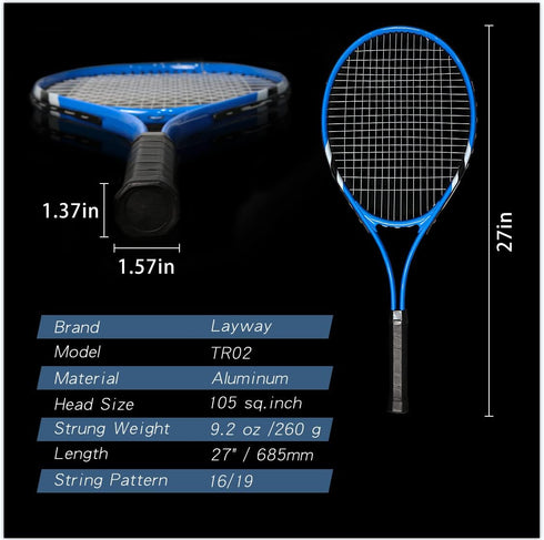 Tennis Rackets Set for 2 Players Recreational, Pre-Strung 27 Inch Light Adult Set with Tennis Balls